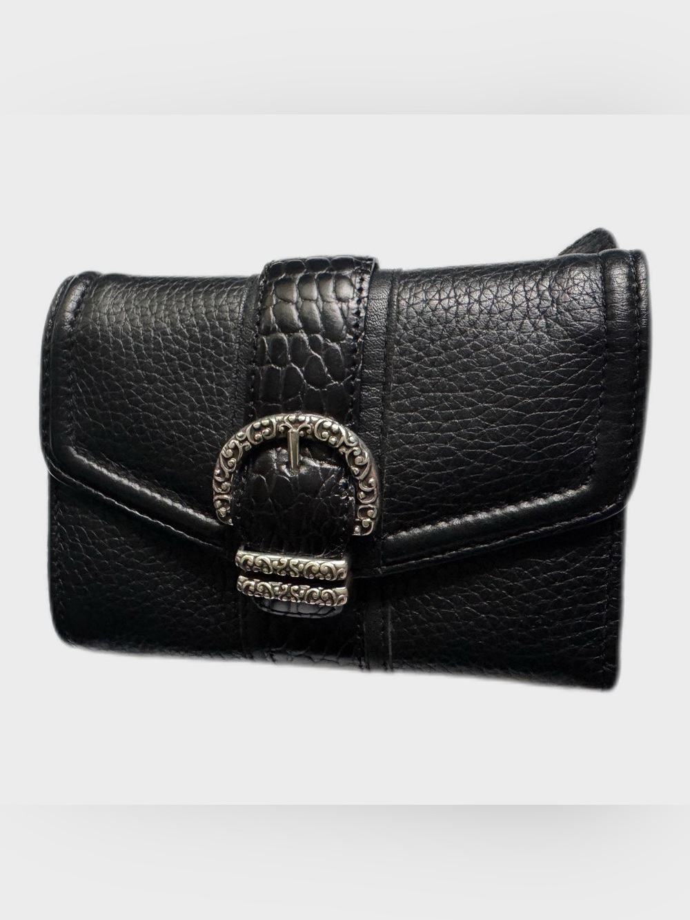 Brighton Black Pebbled Leather Wallet | Croc Embossed Strap Silver Buckle